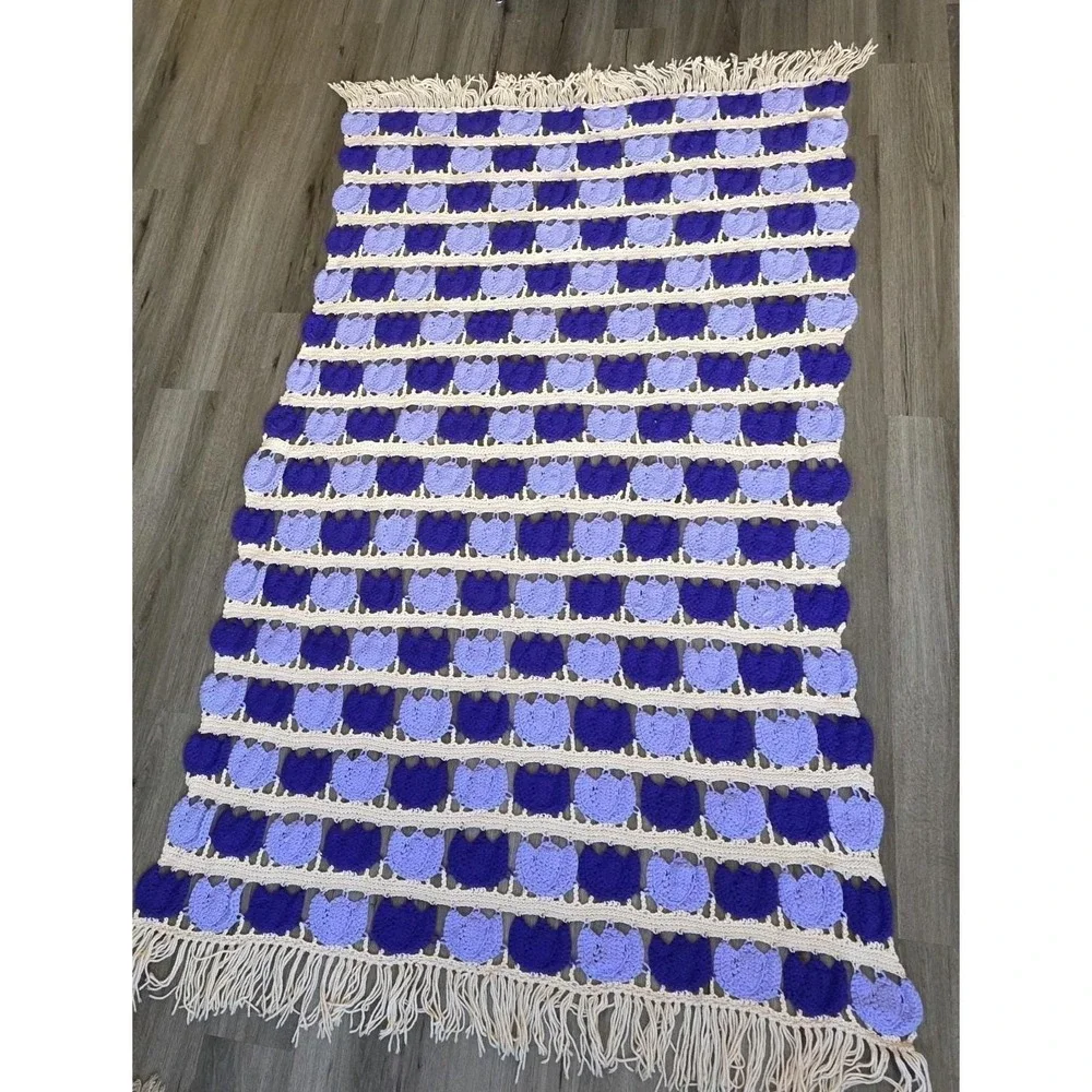Vintage Handmade Crochet Purple & Cream Tulip Tulips Afghan Throw Blanket 85x45